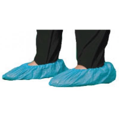 Light blue disposable shoe covers are worn over dark pants. The covers are pulled up over the feet and ankles.