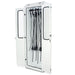 A white cabinet with double doors stores numerous black hoses hanging vertically. The cabinet stands on a white background.