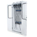 A white cabinet stores multiple long, black tubes hanging vertically, likely for medical equipment. The cabinet doors are open, revealing the contents within.