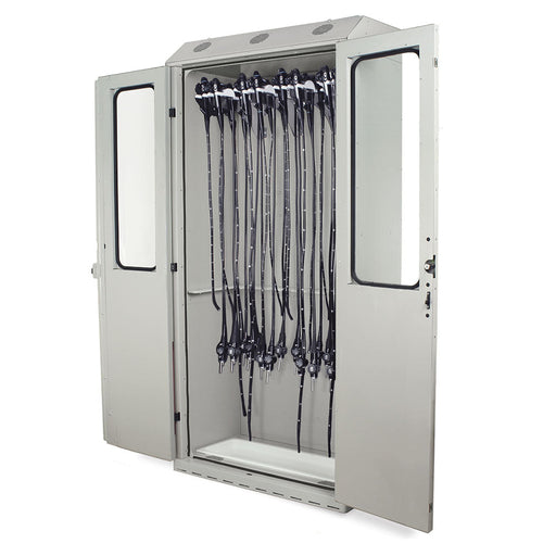 A gray metal cabinet stores numerous long, dark hoses hanging from a rack inside. The cabinet’s doors are open, revealing its contents.