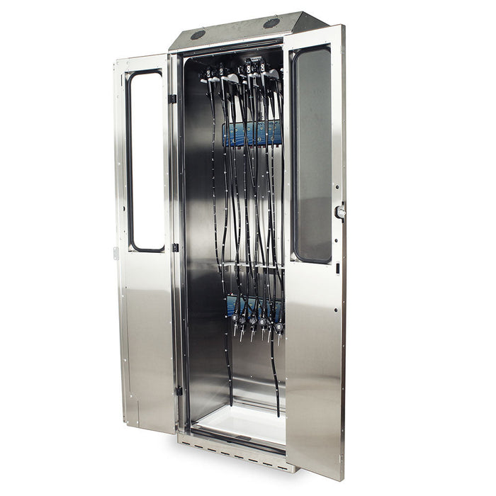 A stainless steel cabinet houses multiple flexible tubes hanging vertically. A small tray is at the cabinet's base. The cabinet is likely for medical or industrial equipment storage.