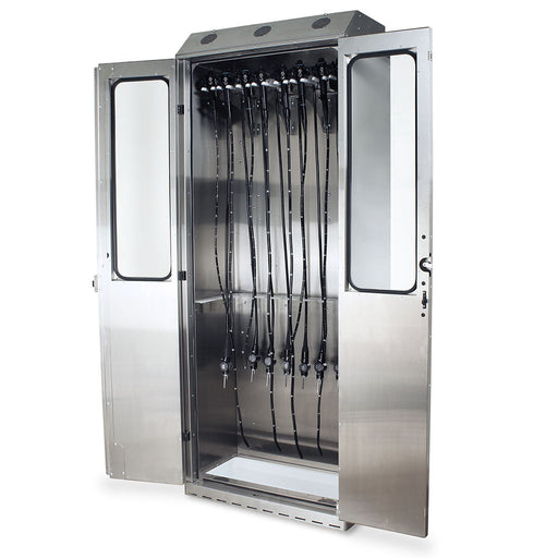 A stainless steel cabinet stores numerous endoscopes hanging vertically. Its doors are open, revealing the contents. The cabinet is likely in a medical facility.
