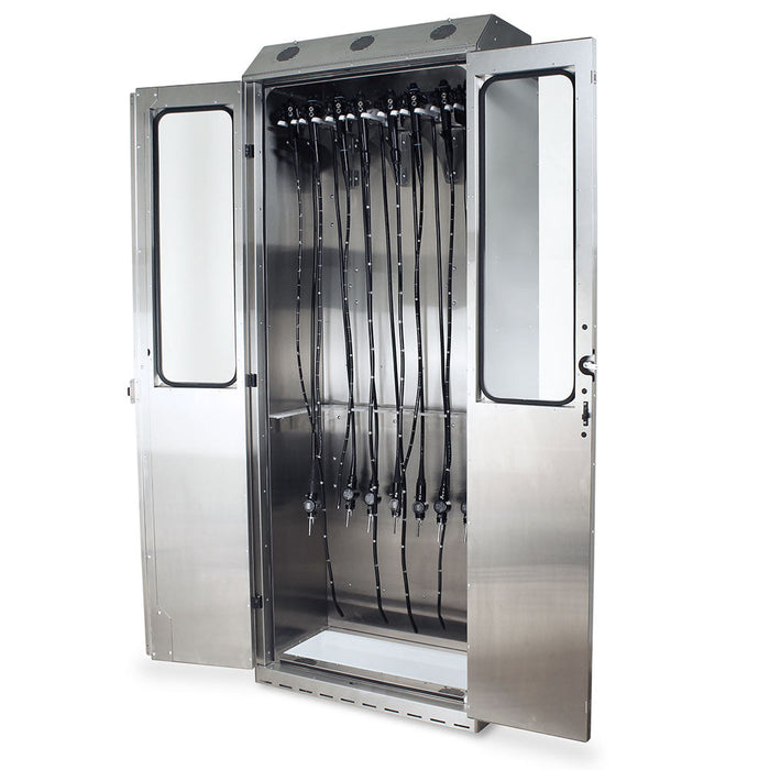 A stainless steel cabinet stores numerous endoscopes hanging vertically. Its doors are open, revealing the contents. The cabinet is likely in a medical facility.