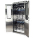 A stainless steel cabinet stores and organizes numerous endoscopes hanging vertically. Its doors are open, revealing the contents within a clinical or medical setting.