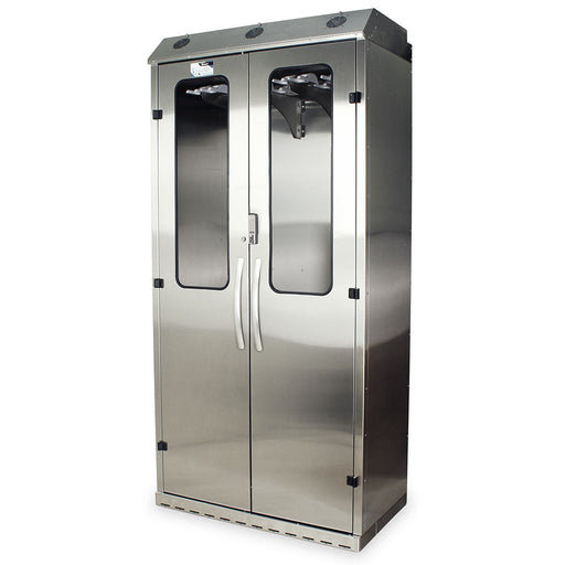 A stainless steel cabinet stands; its double doors are closed, revealing interior storage with viewing windows. The cabinet is situated on a white surface.