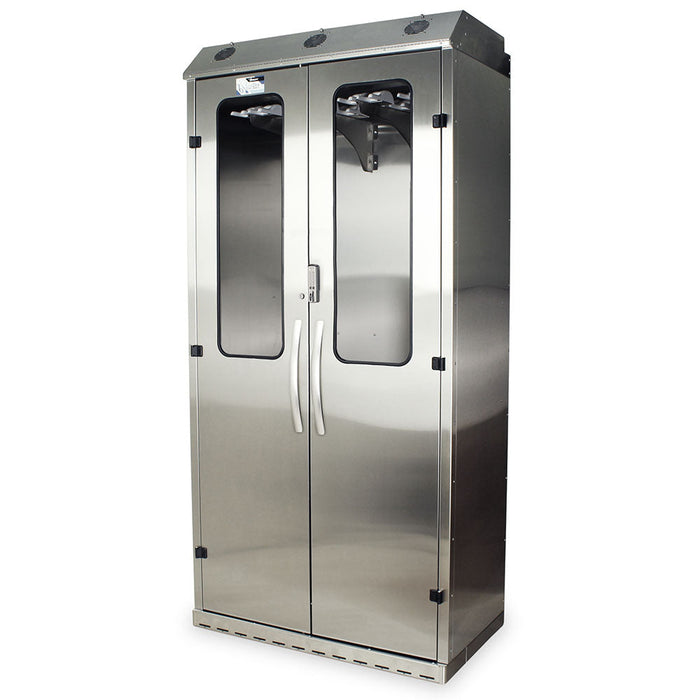 A stainless steel cabinet stands; its double doors are closed, revealing interior storage with viewing windows. The cabinet is situated on a white surface.