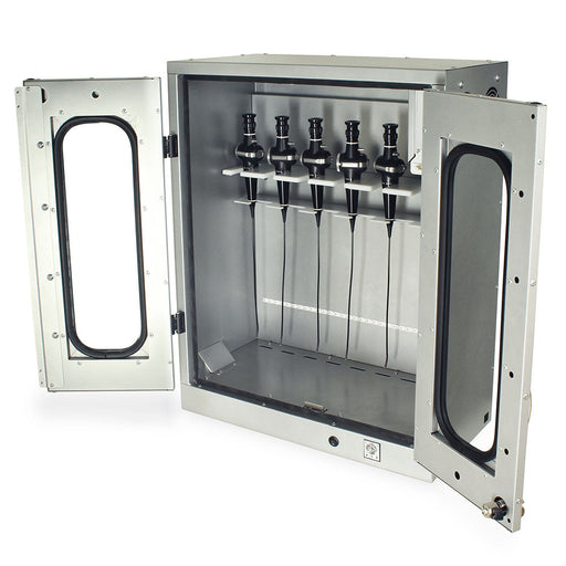 A metallic cabinet stores five endoscopes hanging vertically; the cabinet door is ajar, revealing its interior.