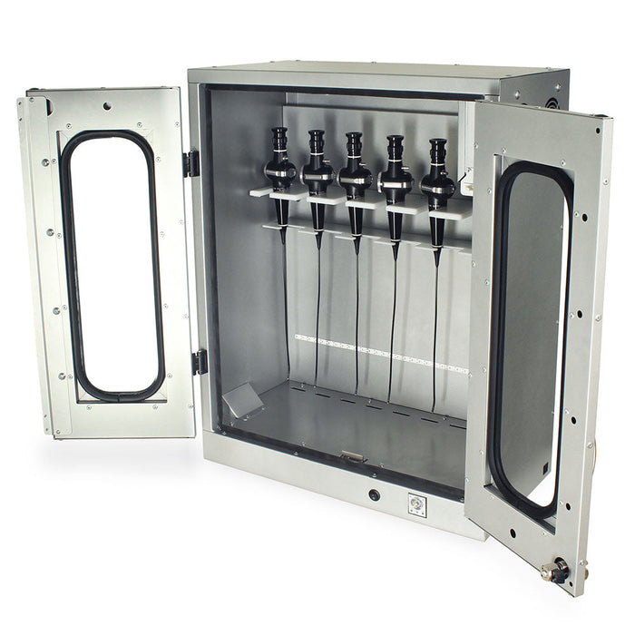 A metallic cabinet stores five endoscopes hanging vertically; the cabinet door is ajar, revealing its interior.