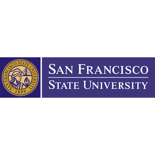A university logo displays "SAN FRANCISCO STATE UNIVERSITY" in white text on a purple banner, alongside a circular seal featuring a woman's profile, a bridge, and the year "1899".