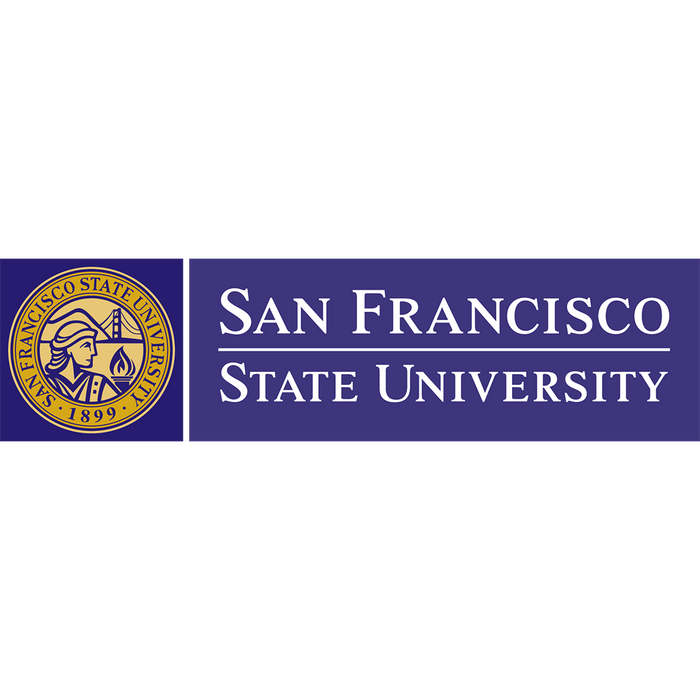 A university logo displays "SAN FRANCISCO STATE UNIVERSITY" in white text on a purple banner, alongside a circular seal featuring a woman's profile, a bridge, and the year "1899".