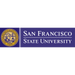 A university logo displays "SAN FRANCISCO STATE UNIVERSITY" in white text on a purple banner, alongside a circular seal featuring a woman's profile, a bridge, and the year "1899".