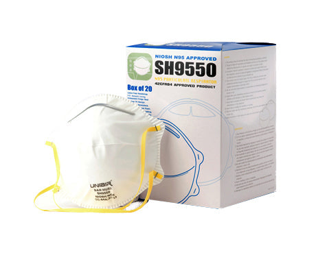 A white N95 respirator mask rests beside its box. The box indicates it's a NIOSH N95 approved SH9550, a box of 20, and a 42CFR84 approved product.