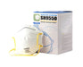 A white N95 respirator mask rests beside its box. The box indicates it's a NIOSH N95 approved SH9550, a box of 20, and a 42CFR84 approved product.