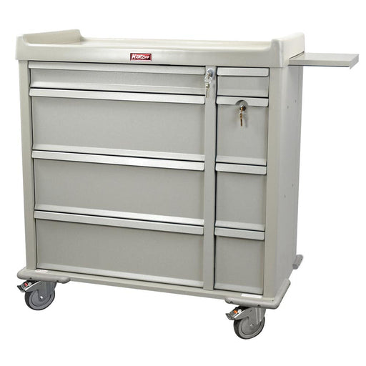 A light-grey, multi-drawer rolling cart sits on wheels. The cart features a flat top surface and a small side shelf. The brand name "Harloff" is visible.