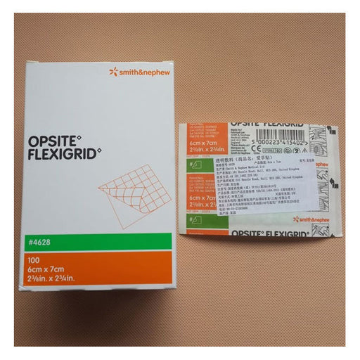 A box of OPSITE FLEXIGRID bandages sits on a surface. The box contains 100 bandages, each measuring 6cm x 7cm (2 3/8in x 2 3/4in). A single bandage is shown separately.