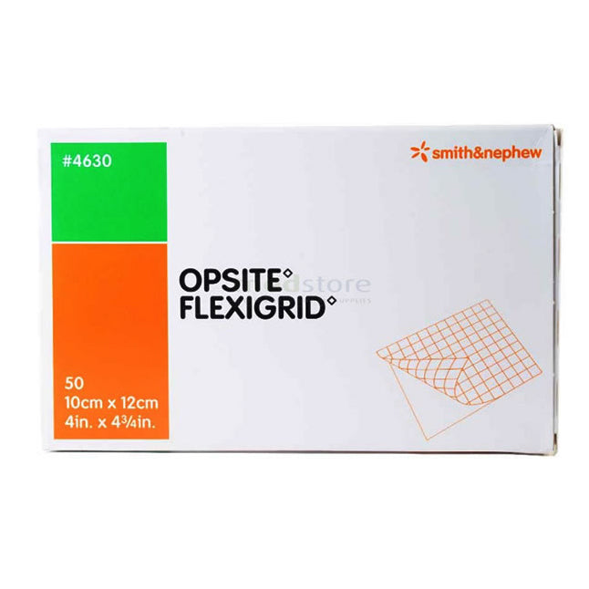 A box of OPSITE FLEXIGRID bandages, showing a sample bandage, sits on a surface. The box indicates 50 bandages, each measuring 10cm x 12cm or 4in x 4¾in. The manufacturer is smith&nephew.