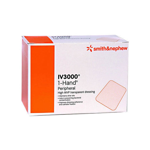 A box of IV3000° 1-Hand Peripheral high MVP transparent dressings sits on a surface. The box shows a single dressing and lists its features. The manufacturer is Smith & Nephew.