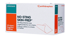 A box of "NO-STING SKIN-PREP" antiseptic wipes sits on a white background. The box shows a graphic of a rolled-up wipe. It states "100 wipes/toallitas."