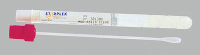 A collection swab with a pink handle rests beside a clear vial labeled "STARPLEX" and "SP130X MOD AMIES CLEAR".