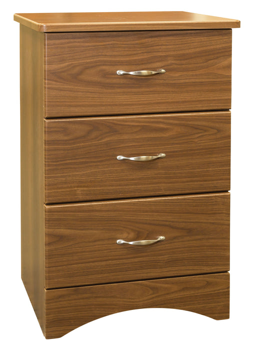 A wooden three-drawer dresser stands on a white background. The drawers are closed, and each has a silver handle.