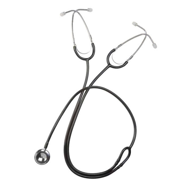 A black stethoscope lies on a white background; its two chest pieces are separated, and the tubing is coiled.