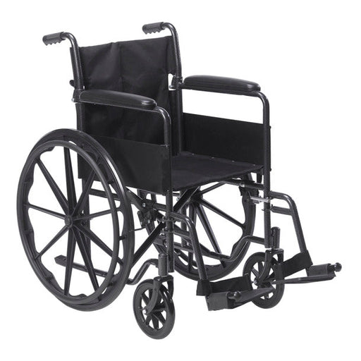A black wheelchair sits on a white background. It has large wheels and armrests.
