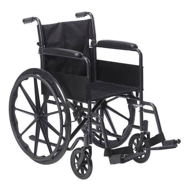 A black wheelchair sits on a white background. It has large wheels and armrests.