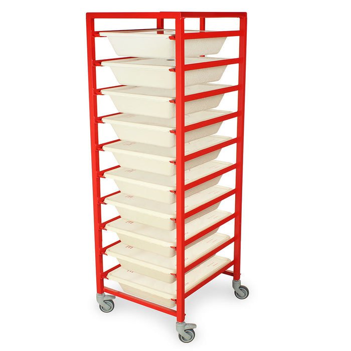 A red metal cart holds ten off-white trays; it sits on wheels, likely for mobility.