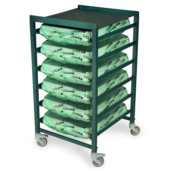A dark-green metal cart holds several light-green, rectangular items, each labeled "CLEAN," on multiple shelves. The cart has wheels and is situated on a light-colored surface.
