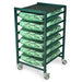 A dark-green metal cart holds several light-green, rectangular items, each labeled "CLEAN," on multiple shelves. The cart has wheels and is situated on a light-colored surface.