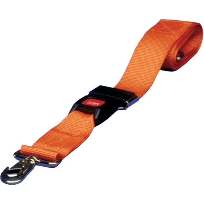 An orange strap with a black buckle and metal hook fastens, likely for securing or tying down, against a white background.