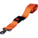 An orange strap with a black buckle and metal hook fastens, likely for securing or tying down, against a white background.