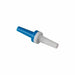 A small, blue and white plastic valve sits on a plain white background. The valve is cylindrical with a slightly tapered end on each side.