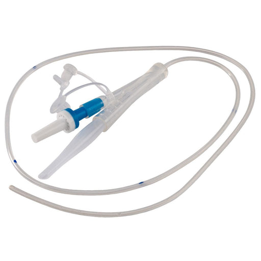 A double-lumen catheter extends from a connector with a blue piece, lying on a white background.