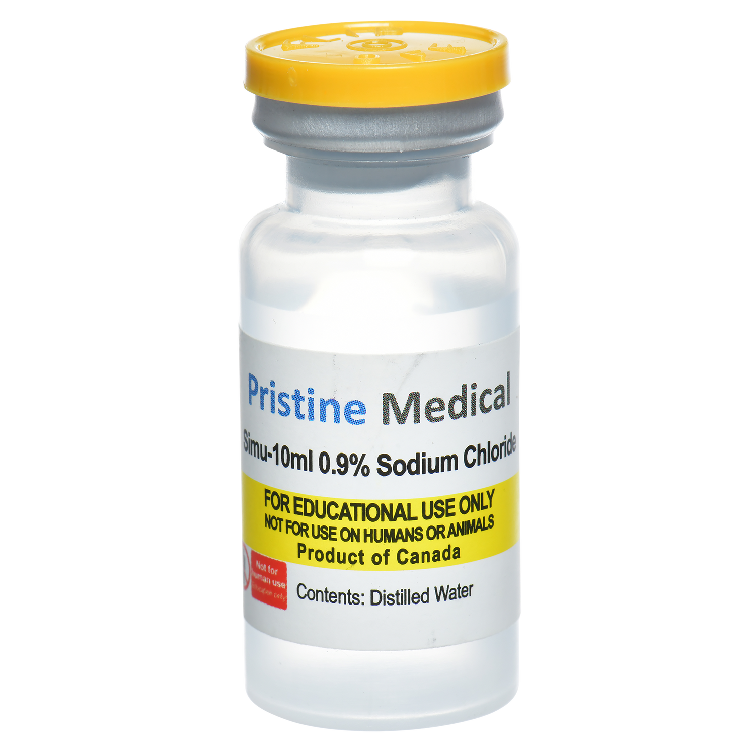 A small, clear vial with a yellow cap contains distilled water. It's labeled "Pristine Medical Simu-10ml 0.9% Sodium Chloride," for educational use only, and is a product of Canada.