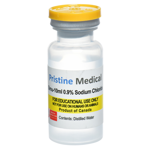 A small, clear vial with a yellow cap contains distilled water. It's labeled "Pristine Medical Simu-10ml 0.9% Sodium Chloride," for educational use only, and is a product of Canada.