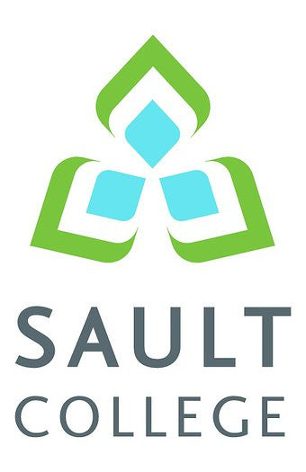 A stylized three-leaf clover logo, composed of green and light-blue shapes, sits atop the text "SAULT COLLEGE" against a white background.