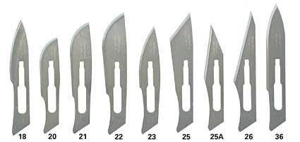 Scalpel blades of varying shapes and sizes are displayed. Numbers 18, 20, 21, 22, 23, 25, 25A, 26, and 36 are shown below corresponding blades.