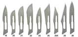 Scalpel blades of varying sizes and shapes are arranged in a row. Numbers 18, 20, 21, 22, 23, 25, 25A, 26, and 36 are displayed below each blade.