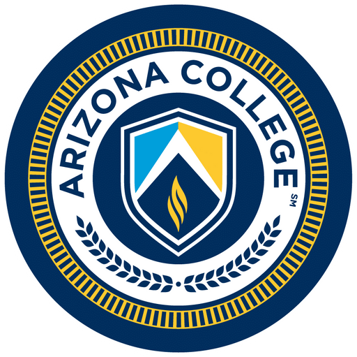 A circular logo displays the words “ARIZONA COLLEGE℠” around a central shield featuring blue, yellow, and a flame; wheat stalks are at the base.