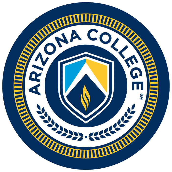 A circular logo displays the words “Arizona College” surrounding a shield with a flame; a gold and blue design.