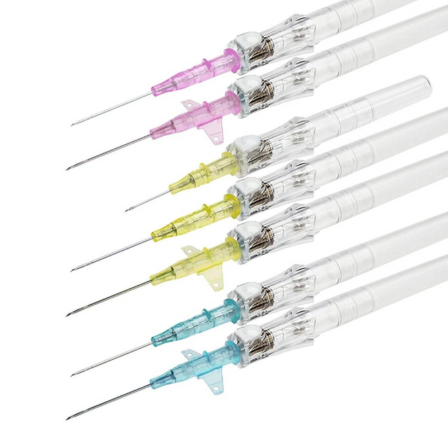 Several intravenous catheters, with color-coded hubs, are arranged in a slightly overlapping, slightly angled stack against a plain white background.
