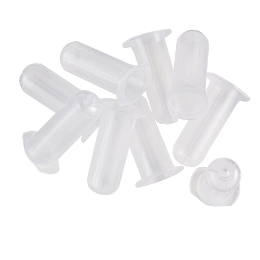Several small, clear plastic tubes are loosely piled together on a white background.