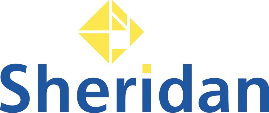 A yellow geometric logo sits above the word "Sheridan" in blue, against a white background.