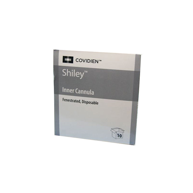 A box containing ten fenestrated, disposable Shiley Inner Cannulas sits on a white surface. The box is labeled with the Covidien and Shiley trademarks.