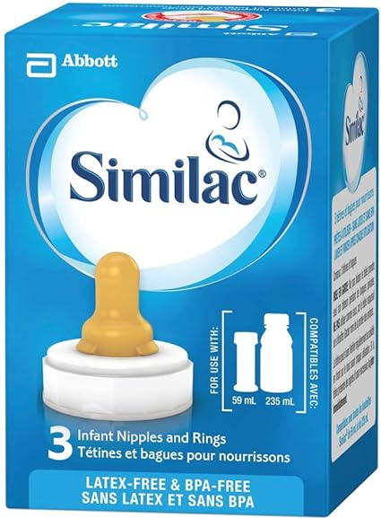 A Similac infant bottle nipple and ring, displayed on a package, is shown alongside bottle size compatibility information. The box is light blue and features the Similac logo. Three nipples and rings are included. The product is latex-free and BPA-free.