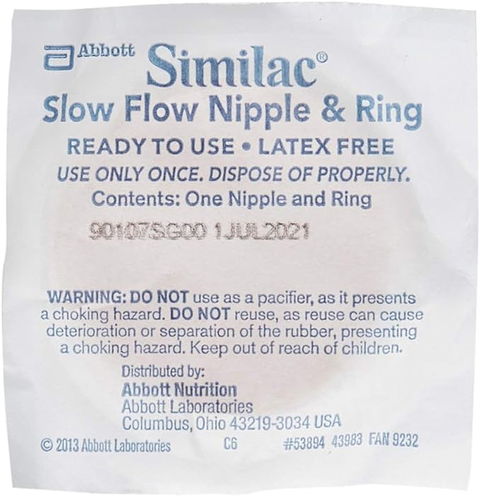 A Similac slow-flow nipple and ring, packaged for single use, is presented with warnings against reuse and pacifier use due to choking hazards. The package also indicates a manufacture date of July 1, 2021.