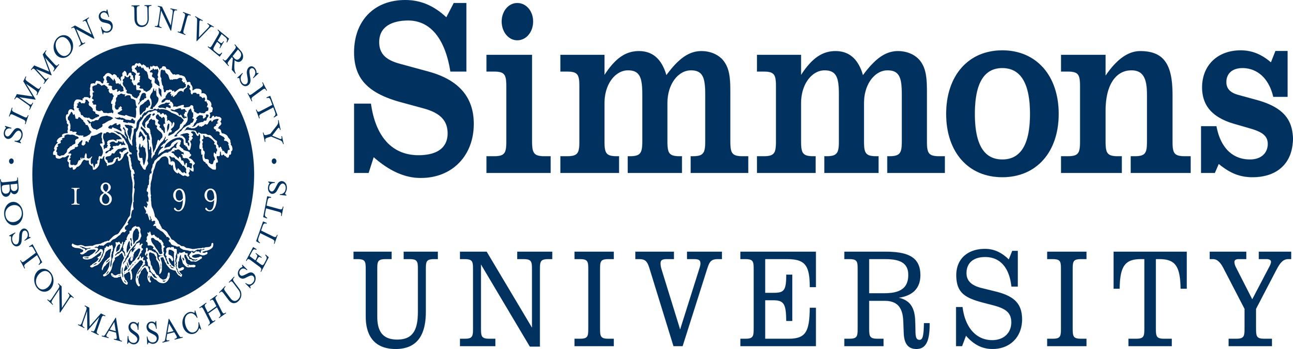 A circular logo displays a tree with the text "Simmons University. Boston, Massachusetts. 1899" surrounding it. Below, "Simmons UNIVERSITY" is written in large, bold letters.