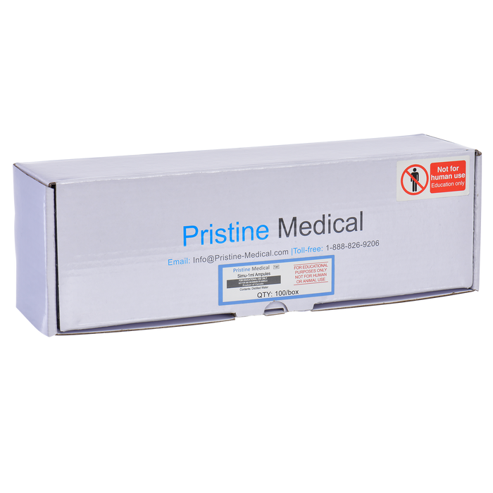 A Pristine Medical box containing Simu-1ml ampules sits on a surface. The box is white with blue and red text detailing contact information and usage restrictions. It contains 100 ampules and is for educational purposes only.