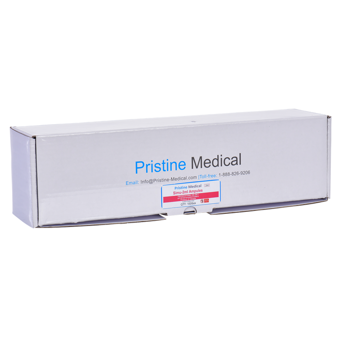 A white cardboard box containing Simu-2ml ampules sits on a surface; it's labeled Pristine Medical with contact information.